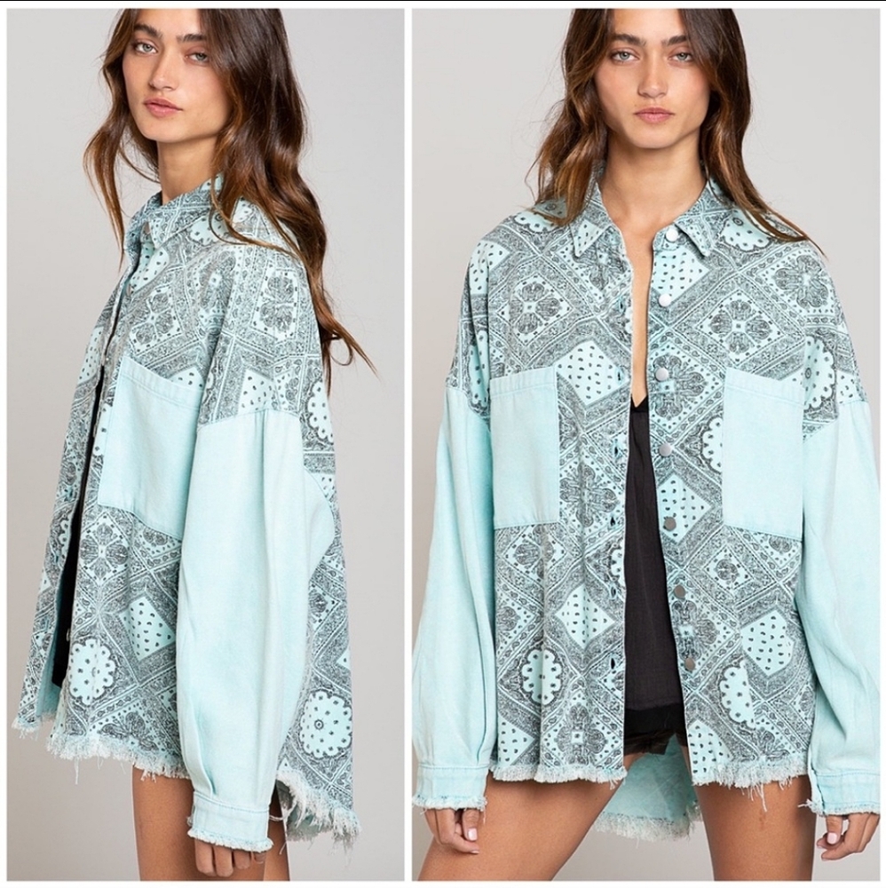 Pol Mint And Gray Patterned Jean Jacket - image 3